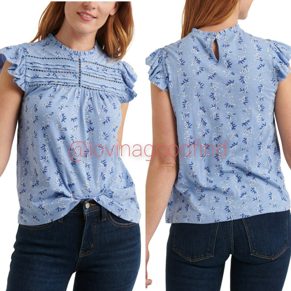 LUCKY Brand Floral Print Ruffle Blue Shell NWOT sz L